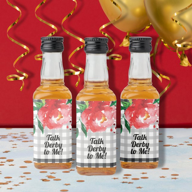 Tala Derby till mig Rose Svart Vitt Mini Spritflaskor Etikett (Talk Derby to Me red rose on black and white mini liquor bottle labels)