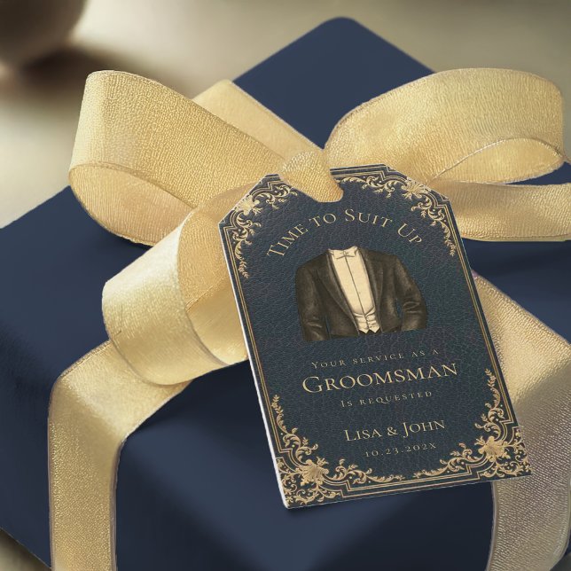 Talarförslag Blå Guld Retro Dags att Klä Upp Presentetikett (Skapare uppladdad)