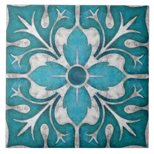 Talavera 01 Teal Blå Grå Medelhavs Floral Kakelplatta