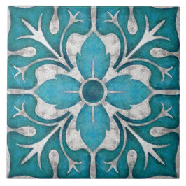 Talavera 01 Teal Blue Grey Mediterranean Floral Kakelplatta