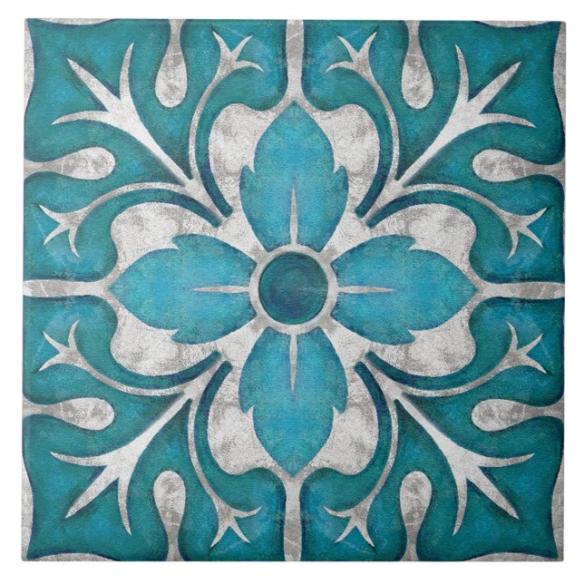 Talavera 01 Teal Blue Grey Mediterranean Floral Kakelplatta (Framsidan)