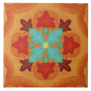 Talavera 02 Orange Röd Blå Medelhavs Floral Kakelplatta