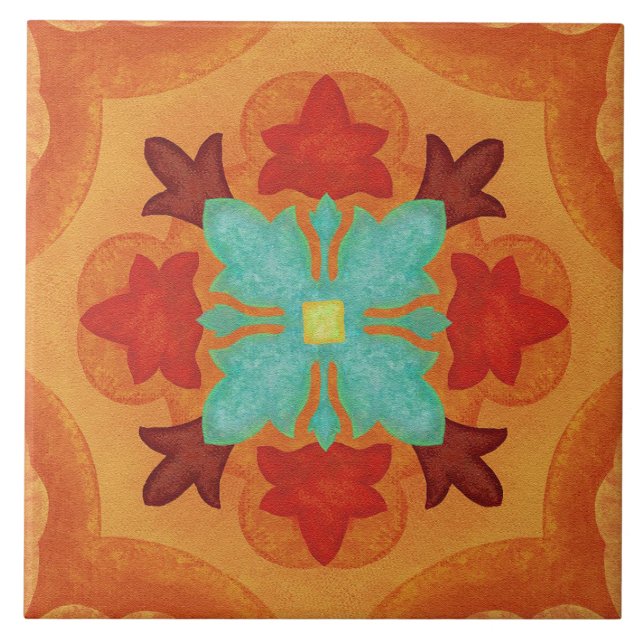 Talavera 02 Orange Röd Blå Medelhavs Floral Kakelplatta (Framsidan)
