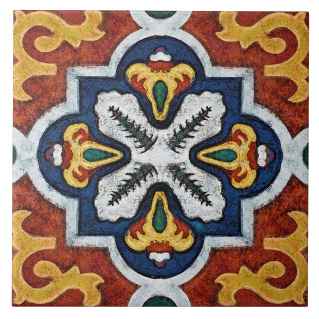 Talavera 03 Red Yellow Blue Mediterranean Geo Kakelplatta (Framsidan)