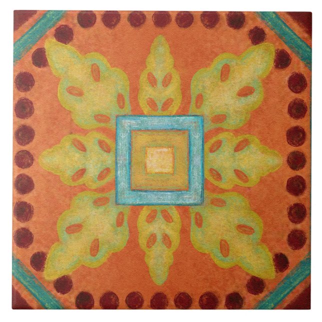 Talavera 04 Orange Yellow Blue Mediterranean Geo Kakelplatta (Framsidan)