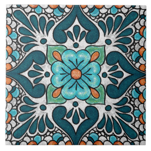 Talavera 06 Teal Blå Grön Medelhavs Floral Kakelplatta
