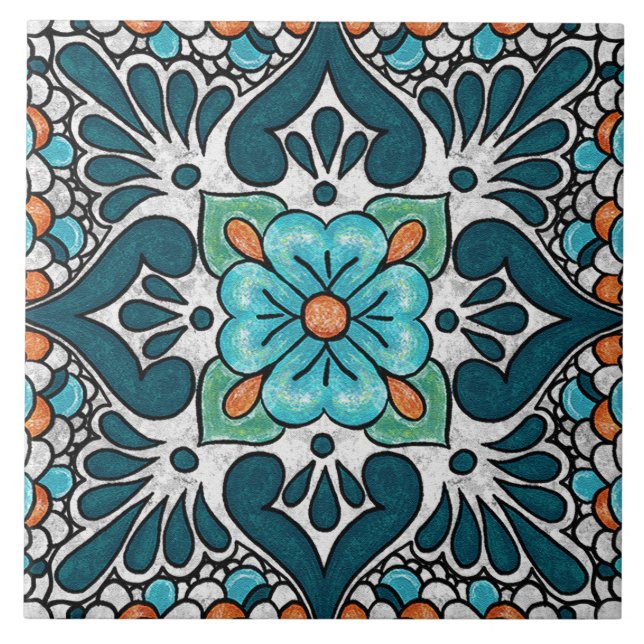 Talavera 06 Teal Blå Grön Medelhavs Floral Kakelplatta (Framsidan)