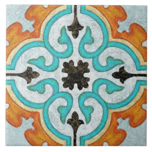 Talavera 09 Orange Grå Aqua Medelhavet Geo Kakelplatta