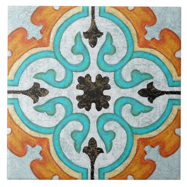 Talavera 09 Orange Grey Aqua Mediterranean Geo Kakelplatta (Framsidan)
