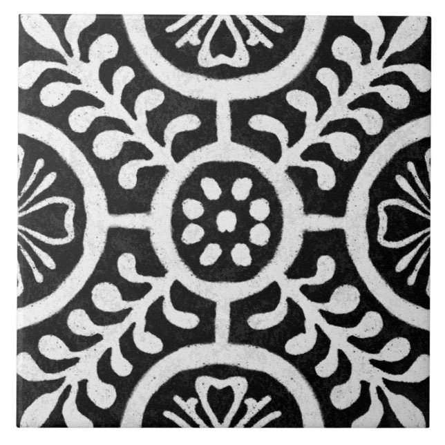Talavera 11 Black White Grey Mediterranean Floral Kakelplatta (Framsidan)