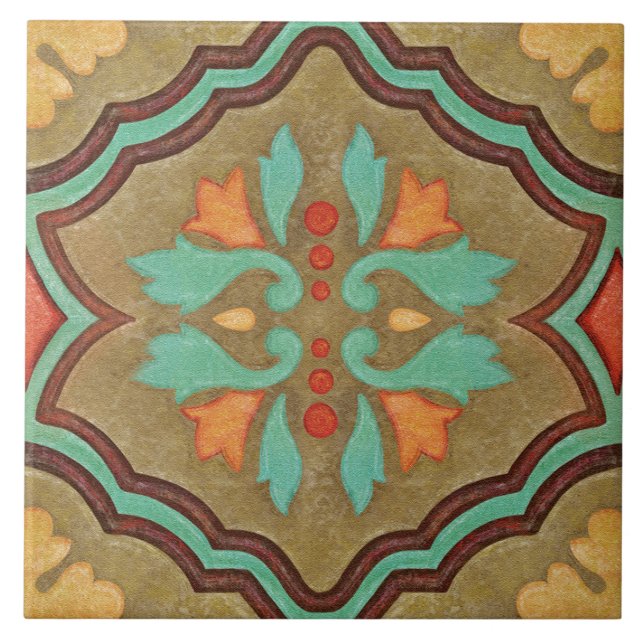 Talavera 13 Olive Green Aqua Mediterranean Floral Kakelplatta (Framsidan)