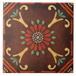 Talavera 14 Brun Röd Aqua Medelhav Floral Kakelplatta