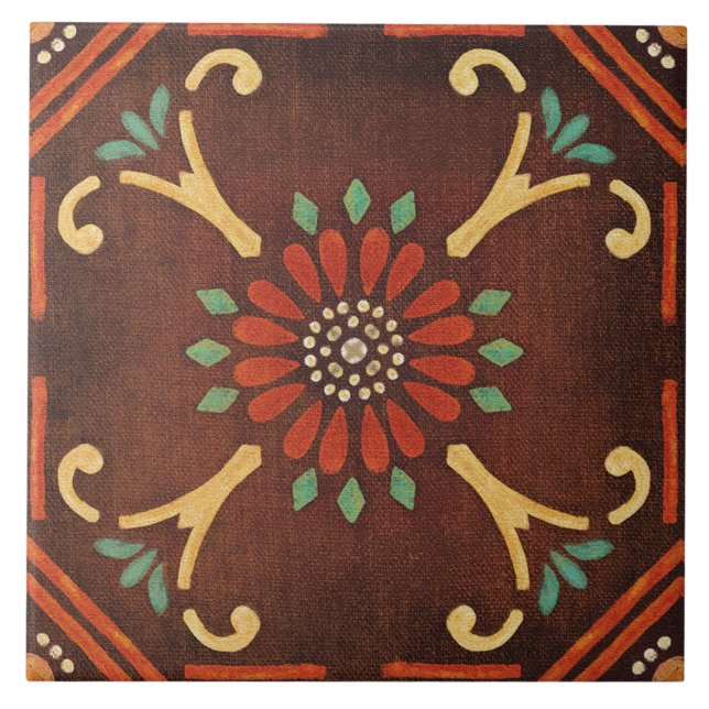Talavera 14 Brun Röd Aqua Medelhav Floral Kakelplatta (Framsidan)