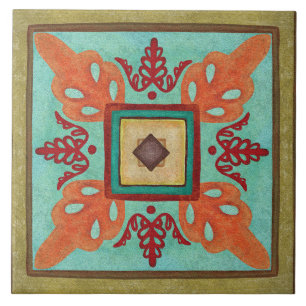Talavera 15 Oliv Aqua Orange Medelhavs Floral Kakelplatta