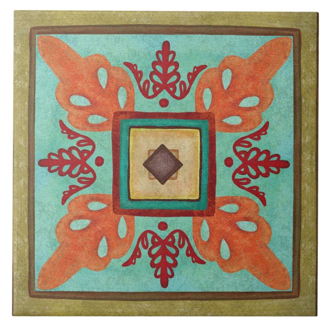 Talavera 15 Olive Aqua Orange Mediterranean Floral Kakelplatta (Framsidan)