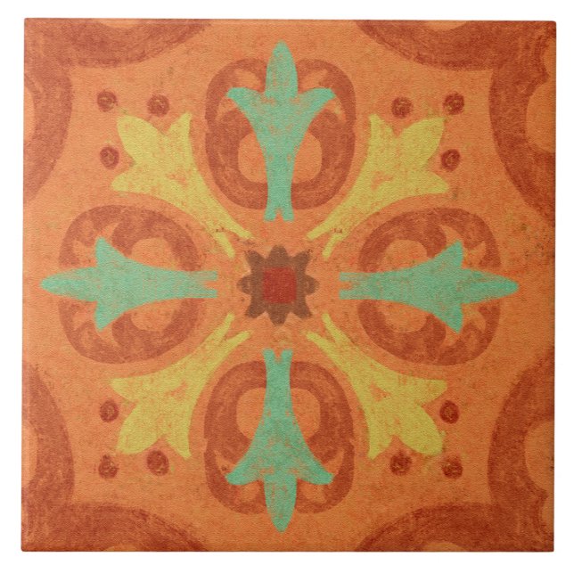 Talavera 16 Orange Rust Aqua Mediterranean Geo Kakelplatta (Framsidan)