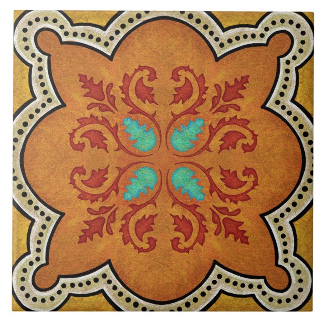 Talavera 17 Orange Red Aqua Mediterranean Floral Kakelplatta (Framsidan)