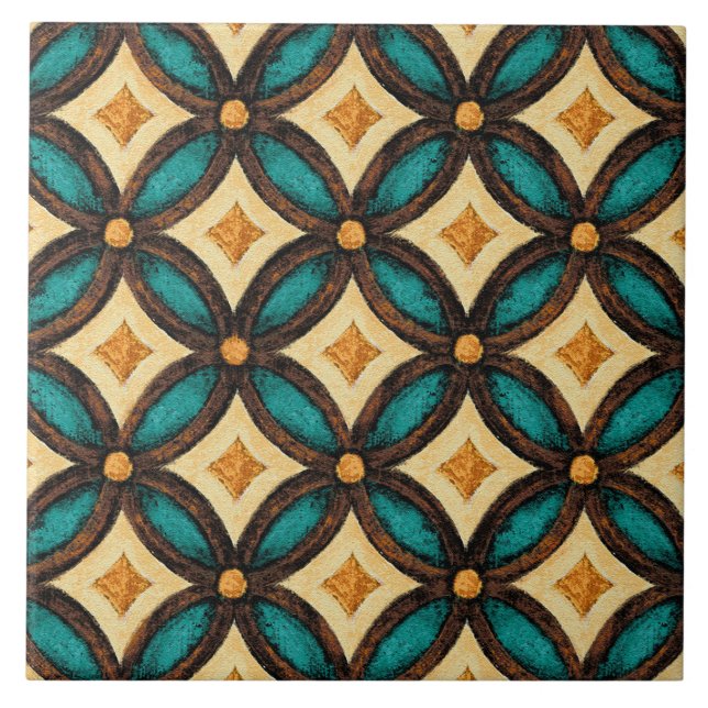 Talavera 18 Teal Brun Elfenben Medelhavet Gitter Kakelplatta (Framsidan)