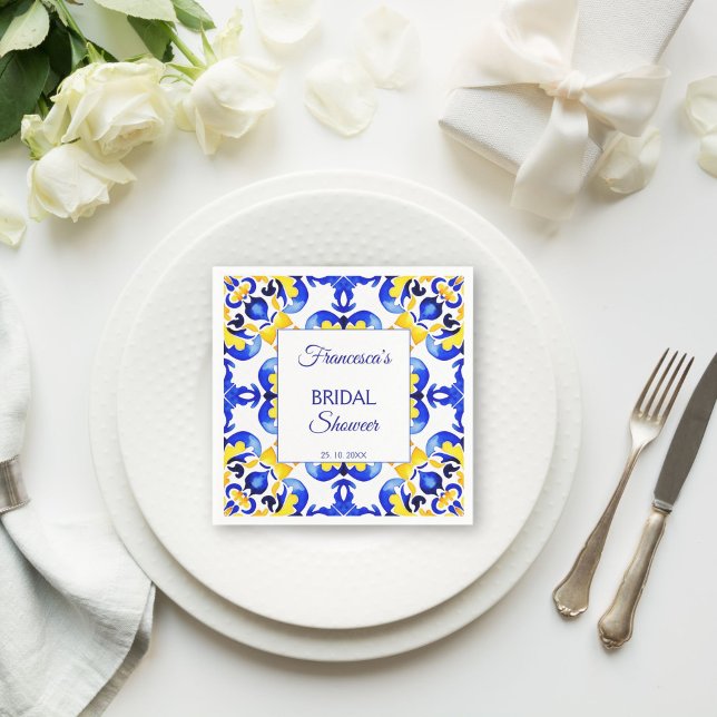Talavera azulejo blå kakel Mexikansk bröllopsdusch Pappersservett (Talavera azulejo blue tiles vintage Mexican bridal shower monogram printed Napkins personalized deco)
