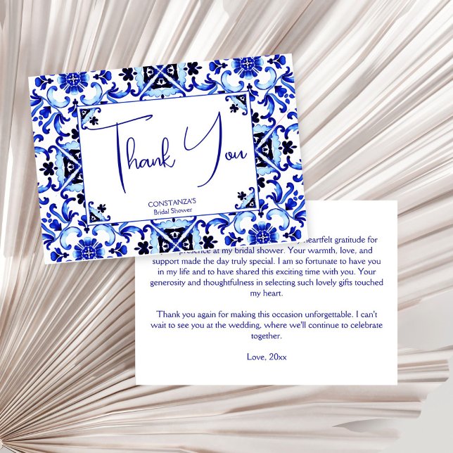 Talavera azulejo blåa plattor Mexikansk bröllopsdu Tack Kort (Talavera azulejo Mexican blue tiles bridal shower Thank You Card maiolica Mediterranean wedding )