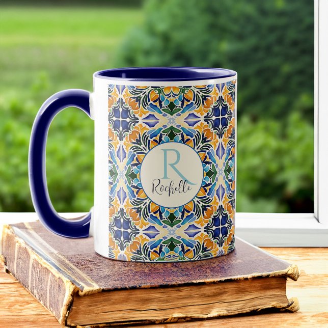Talavera azulejo Blue bridesmaids gifts monogram Mugg (Vintage Talavera azulejo blue tiles personalized monogrammed coffee mug bridesmaids gifts for her)