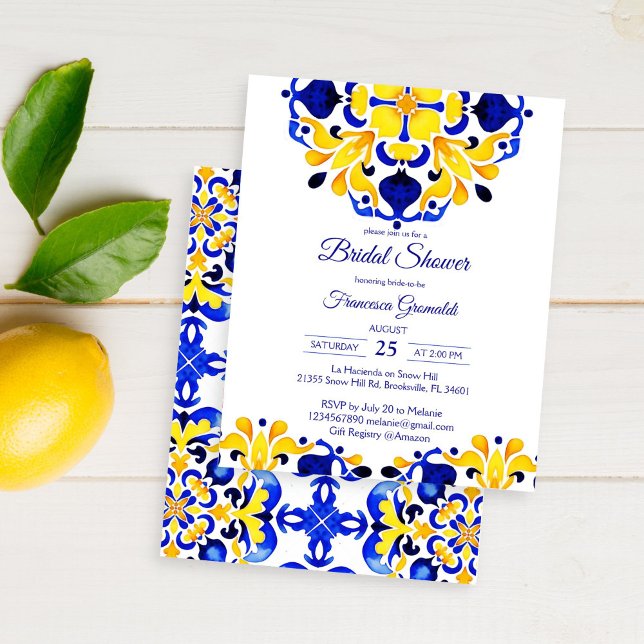 Talavera azulejo blue plattor möhippa inbjudan (Talavera azulejo Maiolica blue tiles Mediterranean Mexican bridal shower affordable budget invite )