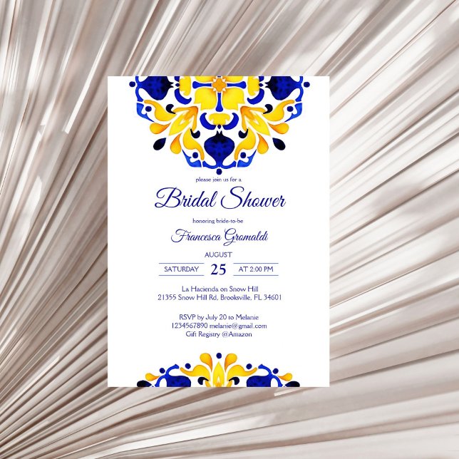 Talavera azulejo blue tiles Mexikanska möhippan Inbjudningar (Talavera azulejo blue tiles vintage Mexican Mediterranean bridal shower Invitation template digital)
