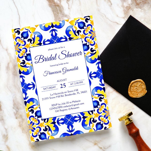 Talavera azulejo blue tiles Mexikanska möhippan Inbjudningar (Talavera azulejo blue yellow tiles vintage Mexican bridal shower Invitation editable template )