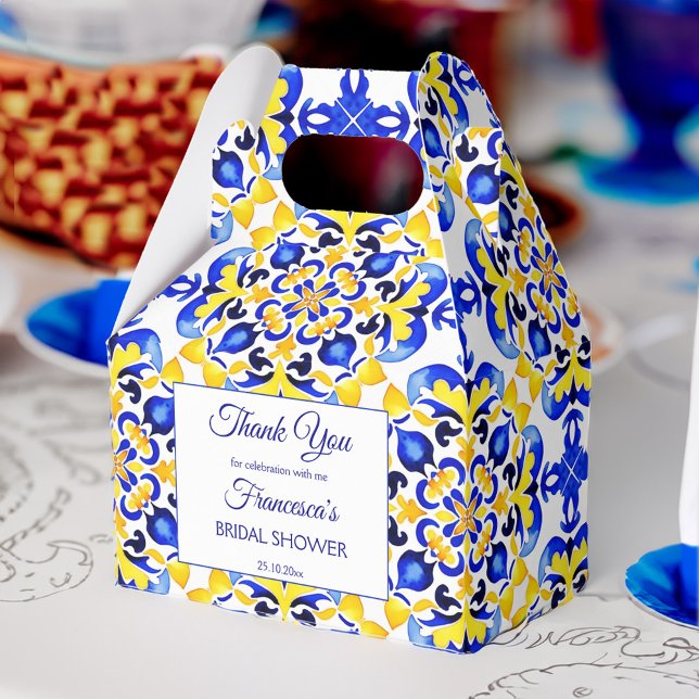 Talavera azulejo blue tiles möhippa tryckt presentaskar (Talavera azulejo blue tiles bridal shower personalized printed favor boxes bridal shower favors)