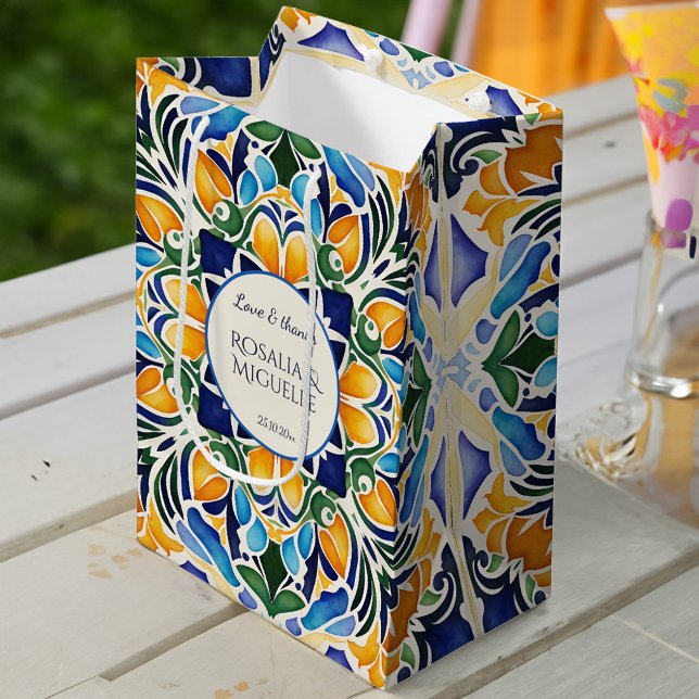 Talavera azulejo blue vintage Mexikanska monogram (Talavera azulejo blue tiles vintage Mexican wedding monogrammed favor Medium Gift Bag welcome bag
)