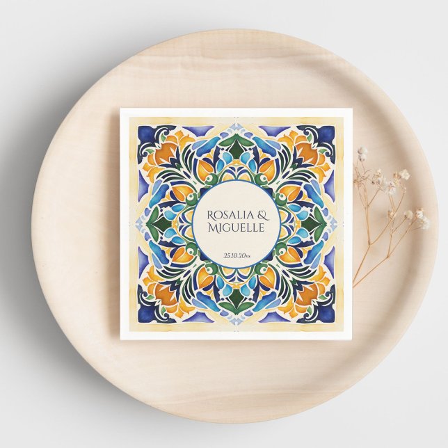 Talavera azulejo blue vintage Mexikanska monogram Pappersservett (Talavera azulejo blue tiles vintage Mexican wedding monogram personalized printed Napkins table deco)