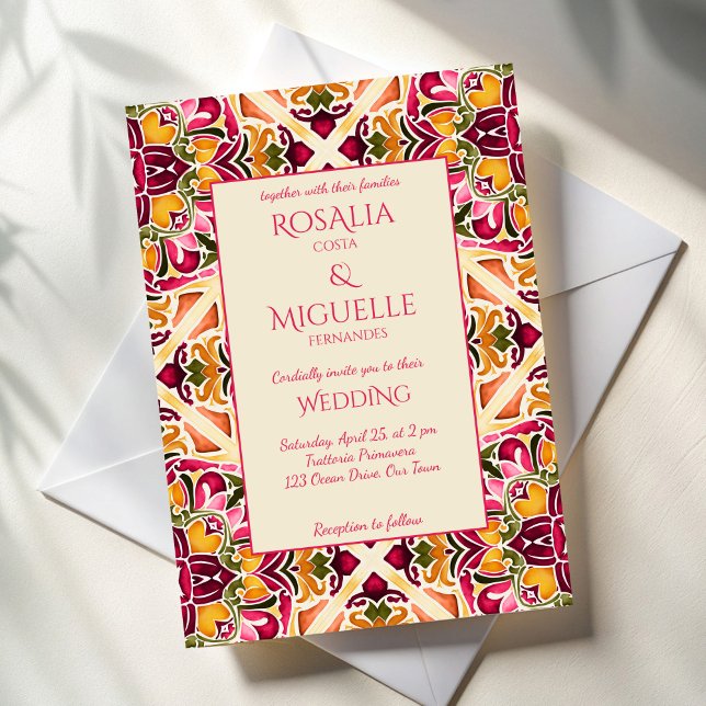 Talavera azulejo rosa kakel vintage mexikanskt brö inbjudningar (Talavera azulejo pink fuchsia tile vintage Mexican wedding Invitation cards template)