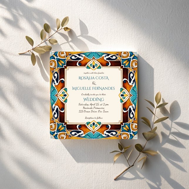 Talavera azulejo-vintagen Mexikanska bröllop Inbjudningar (Talavera azulejo tiles vintage Mexican wedding Invitation cards template elegant square invites)