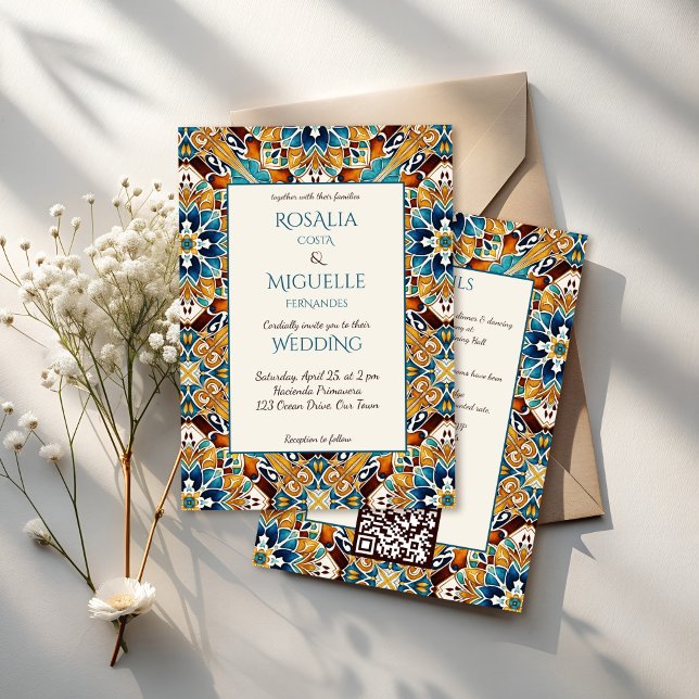 Talavera azulejo-vintagen Mexikanska bröllop Inbjudningar (Talavera azulejo tiles vintage Mexican wedding Invitation with rsvp all in one template)