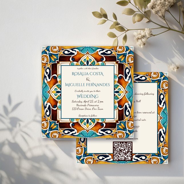 Talavera azulejo-vintagen Mexikanska bröllop Inbjudningar (Talavera azulejo majolica tiles vintage Mexican wedding Invitation with RSVP editable template)