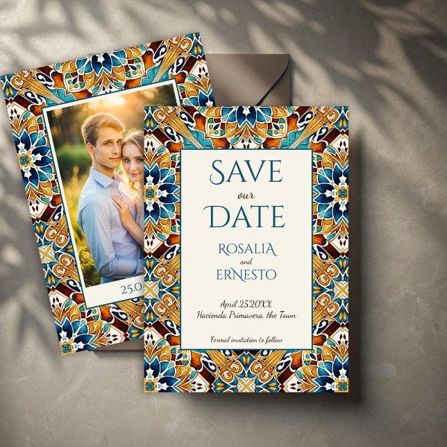 Talavera azulejo-vintagen Mexikanska bröllop Spara Datumet (Talavera azulejo tiles vintage Mexican wedding photo template Save The Date cards )