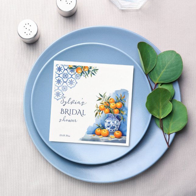 Talavera blå chinoiserie citrus bröllopsdusch pappersservett (Talavera blue chinoiserie vase oranges citrus Spanish Hacienda summer bridal shower printed napkins)