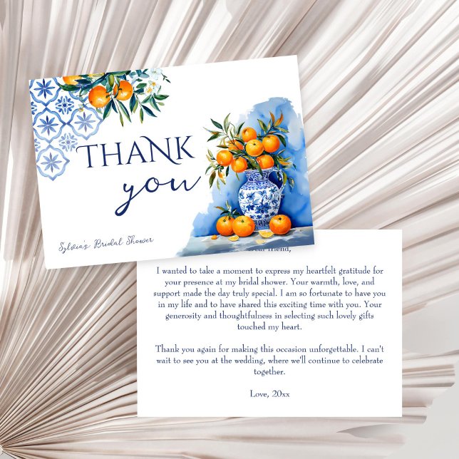 Talavera blå chinoiserie citrus bröllopsfest tack kort (Talavera blue chinoiserie oranges citrus vintage Mexican Spanish bridal shower thank you card)