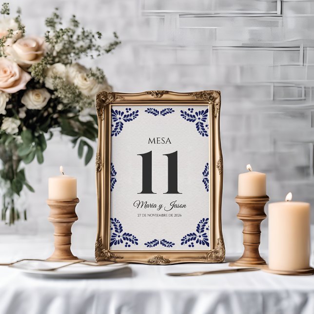 Talavera Black Floral Minimalist Spanish Wedding Bordsnummer (Talavera Black Floral Minimalist Spanish Wedding Table Number)