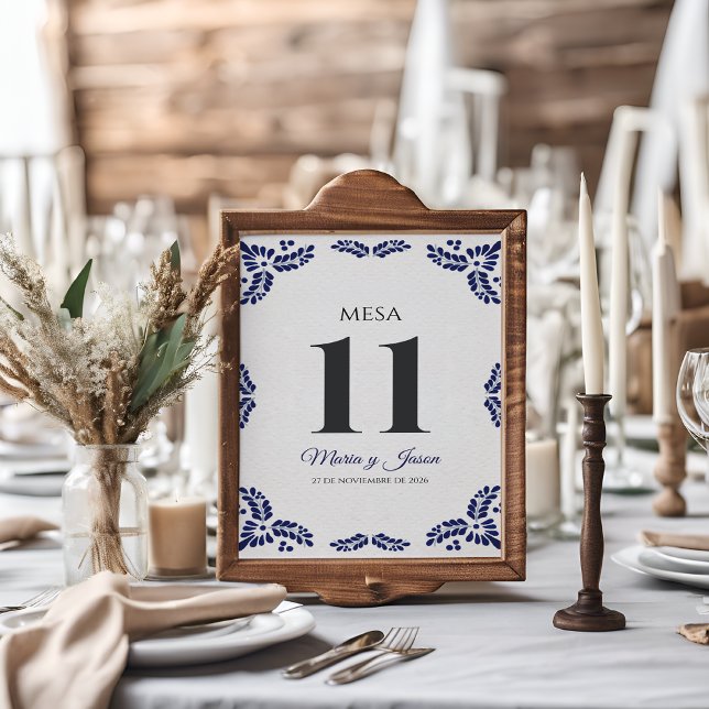 Talavera Blue Floral Minimalist Spanish Wedding Bordsnummer (Talavera Blue Floral Minimalist Spanish Wedding Table Number)
