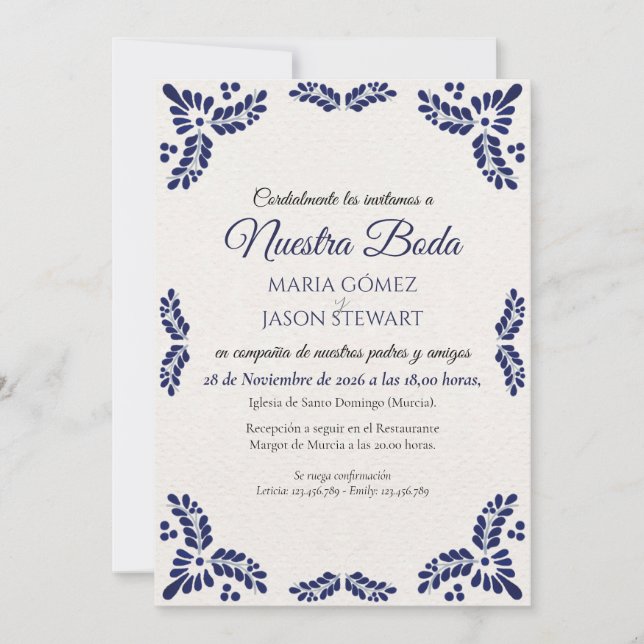 Talavera Blue Floral Minimalist Spanish Wedding Inbjudningar (Framsida)