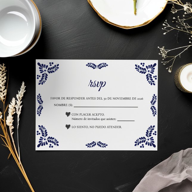 Talavera Blue Floral Minimalist Spanish Wedding OSA Kort (Talavera Blue Floral Minimalist Spanish Wedding RSVP Card)
