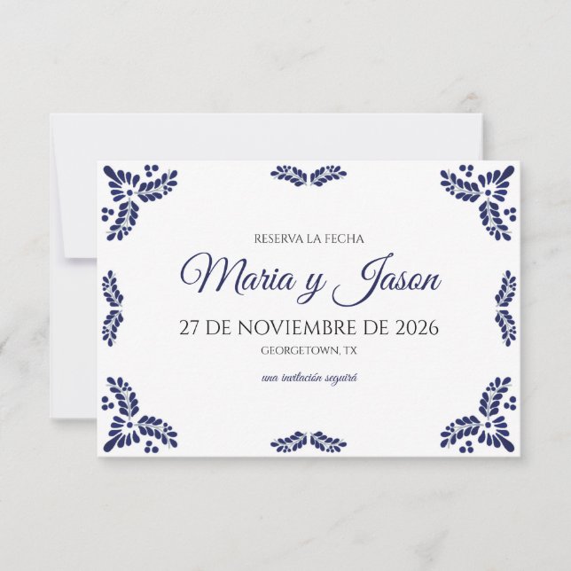 Talavera Blue Floral Minimalist Spanish Wedding Spara Datumet (Framsida)