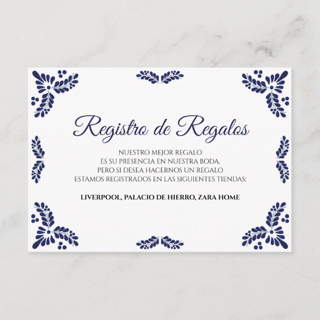 Talavera Blue Floral Minimalist Spanish Wedding Tilläggskort (Framsida)