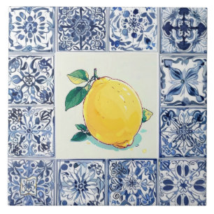 Talavera Citron - Blå och Vit Medelhavsstil Kakelplatta