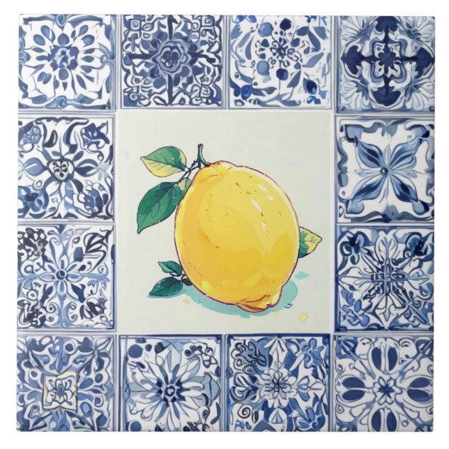 Talavera Citron - Blå och Vit Medelhavsstil Kakelplatta (Framsidan)