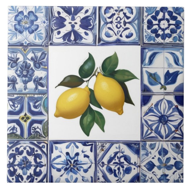 Talavera citroner - Blå och vit Medelhavet Kakelplatta (Framsidan)