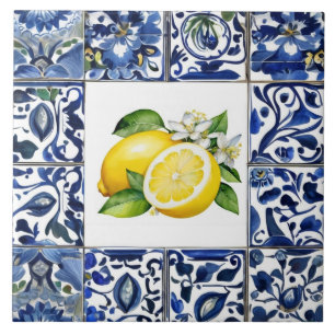 Talavera citroner Mörkblå och vit Medelhavet Kakelplatta