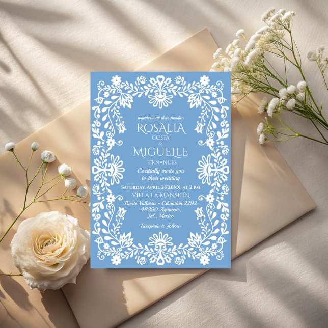 Talavera dammiga blå mexikanska bröllop inbjudningar (Talavera dusty blue Mexican talavera wedding Invitation cards with rsvp all in one wedding invites)