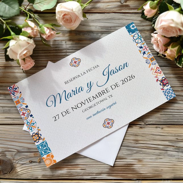 Talavera Färgglad Blommig Fiesta Spansk Bröllopsfe Spara Datumet (Talavera Colorful Floral Fiesta Spanish Wedding Save The Date)